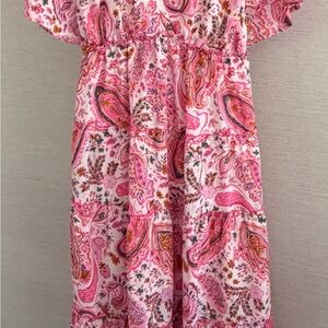 Umgee White Floral Paisley Midi Dress with Pink & Orange Accents